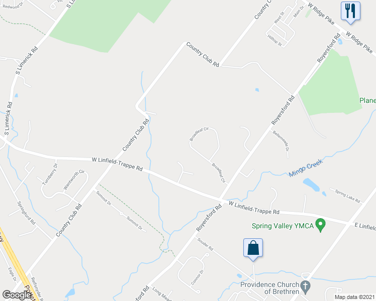 map of restaurants, bars, coffee shops, grocery stores, and more near 1019 Broadleaf Circle in Royersford