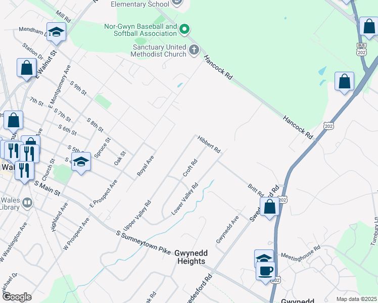 map of restaurants, bars, coffee shops, grocery stores, and more near 325 Upper Valley Road in North Wales