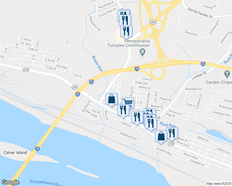 map of restaurants, bars, coffee shops, grocery stores, and more near 70 Vine St in Highspire
