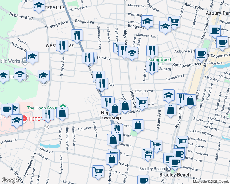 map of restaurants, bars, coffee shops, grocery stores, and more near 152 Fisher Avenue in Neptune City