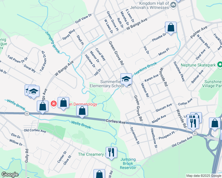 map of restaurants, bars, coffee shops, grocery stores, and more near 18 Brookside Road in Neptune City