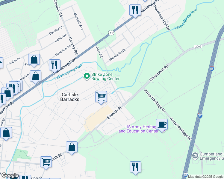 map of restaurants, bars, coffee shops, grocery stores, and more near 754 Craig Road in Carlisle