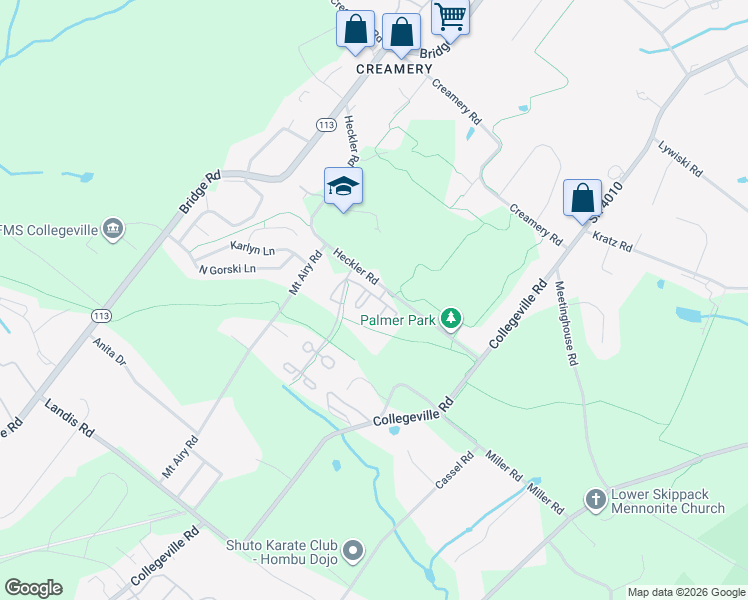 map of restaurants, bars, coffee shops, grocery stores, and more near 950 Schwendt Lane in Collegeville