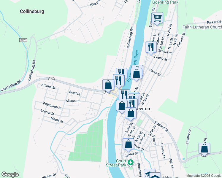 map of restaurants, bars, coffee shops, grocery stores, and more near 113 West Main Street in West Newton