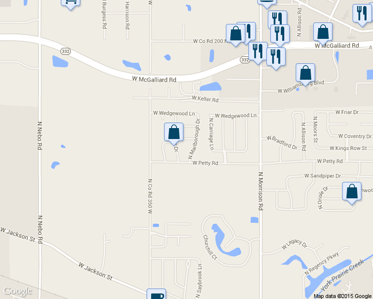map of restaurants, bars, coffee shops, grocery stores, and more near 2109 N Marlborough Dr in Muncie