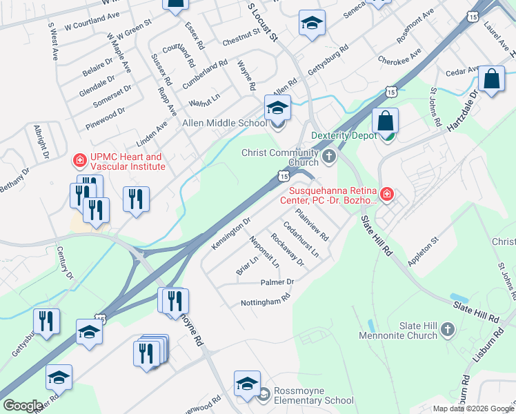 map of restaurants, bars, coffee shops, grocery stores, and more near 27 Kensington Drive in Camp Hill