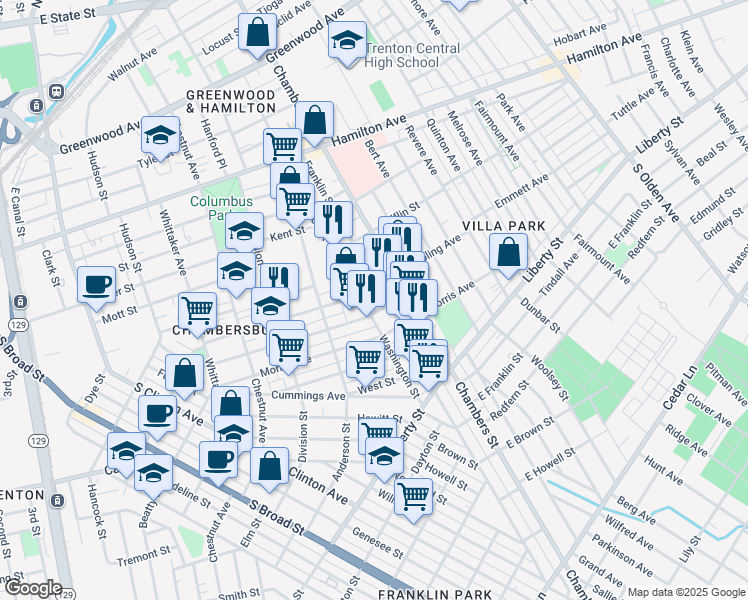 map of restaurants, bars, coffee shops, grocery stores, and more near 230 Washington Street in Trenton