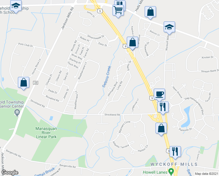 map of restaurants, bars, coffee shops, grocery stores, and more near 9-2 Seattle Court in Freehold