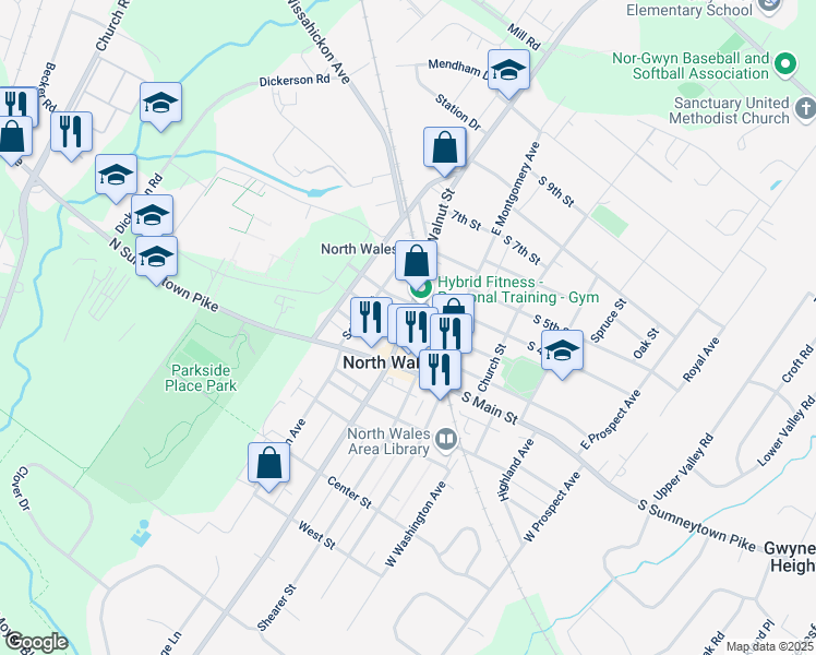 map of restaurants, bars, coffee shops, grocery stores, and more near 213 East Walnut Street in North Wales