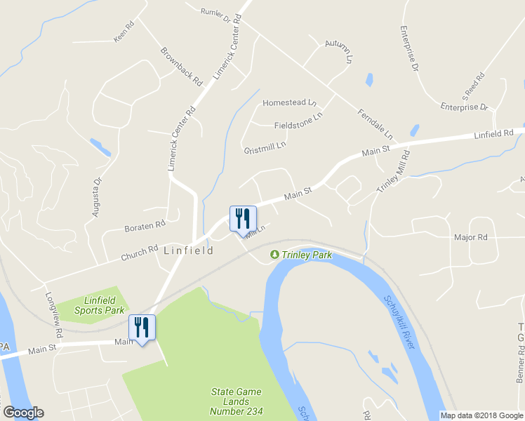 map of restaurants, bars, coffee shops, grocery stores, and more near 1097 Main Street in Linfield