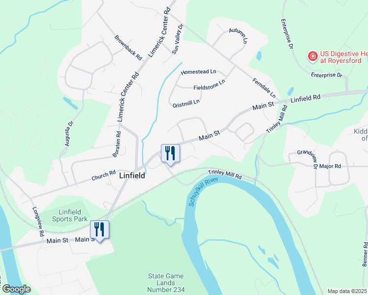 map of restaurants, bars, coffee shops, grocery stores, and more near 1097 Main Street in Linfield