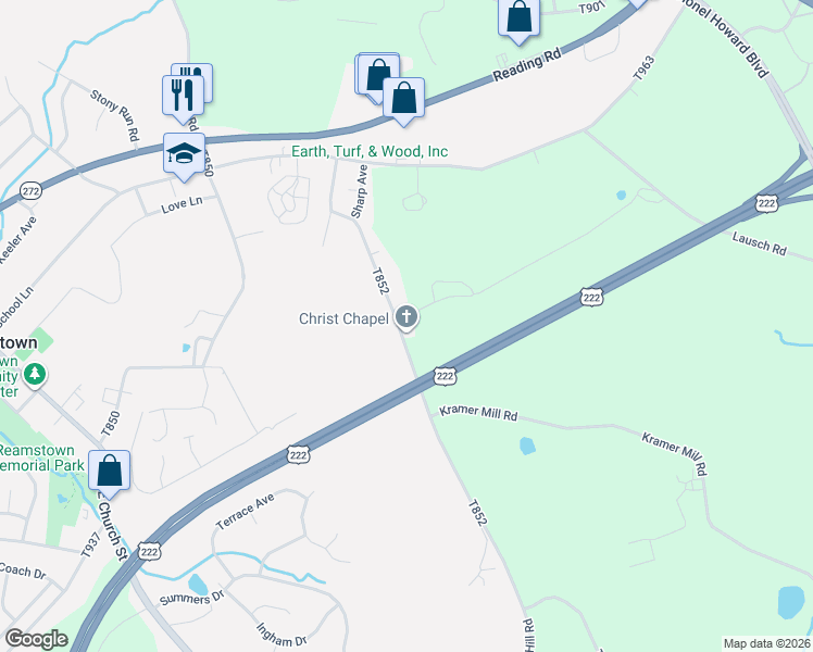 map of restaurants, bars, coffee shops, grocery stores, and more near 2050 Kramer Mill Road in Stevens