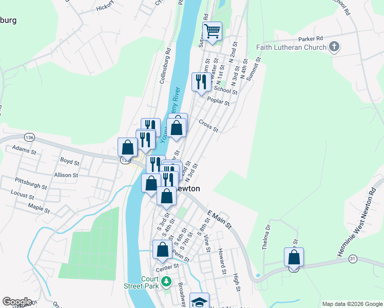 map of restaurants, bars, coffee shops, grocery stores, and more near 143 North 2nd Street in West Newton