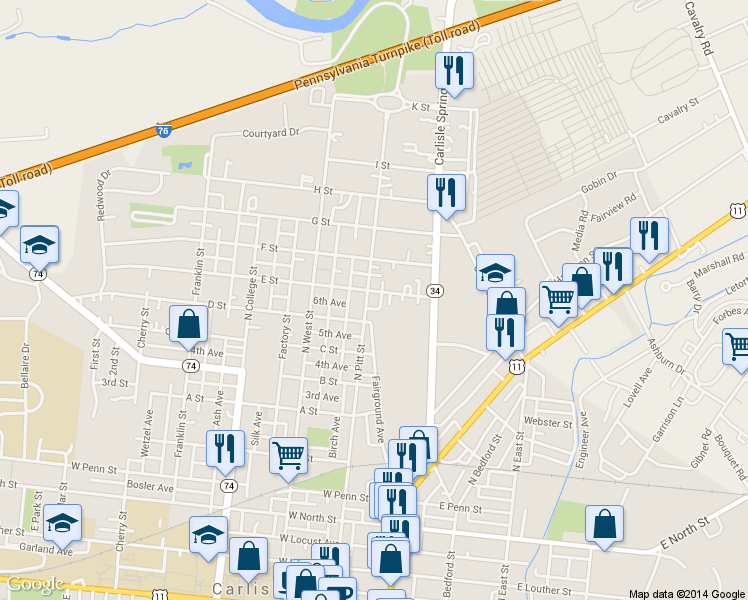 map of restaurants, bars, coffee shops, grocery stores, and more near 813 North Pitt Street in Carlisle