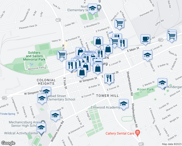 map of restaurants, bars, coffee shops, grocery stores, and more near 21 West Locust Street in Mechanicsburg