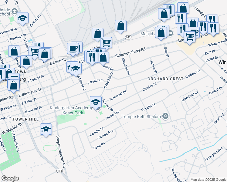 map of restaurants, bars, coffee shops, grocery stores, and more near 606 East Coover Street in Mechanicsburg