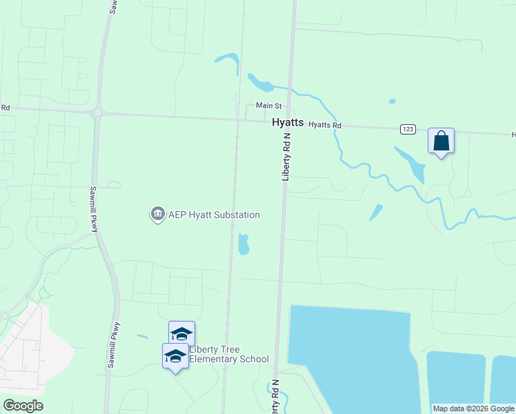 map of restaurants, bars, coffee shops, grocery stores, and more near 6290 Liberty Road in Powell