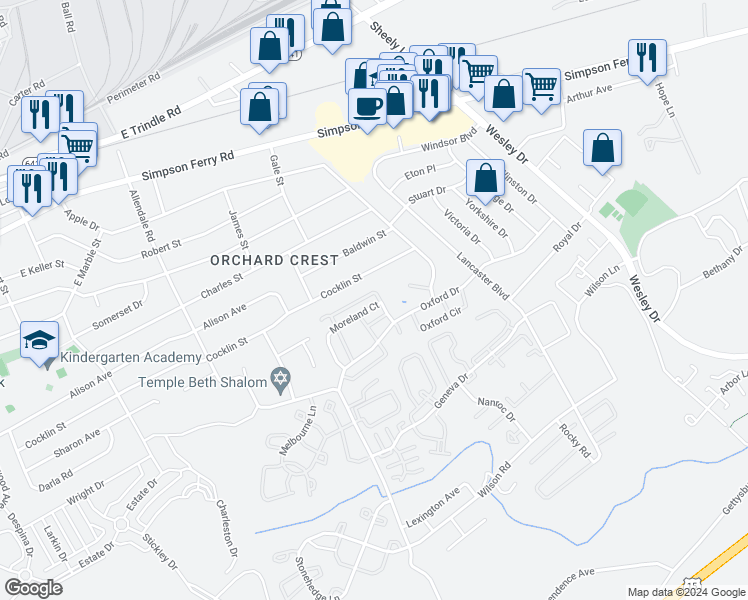 map of restaurants, bars, coffee shops, grocery stores, and more near 5510 Moreland Court in Mechanicsburg
