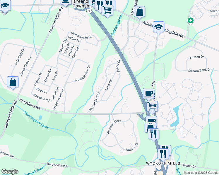 map of restaurants, bars, coffee shops, grocery stores, and more near 21 Long Road in Freehold