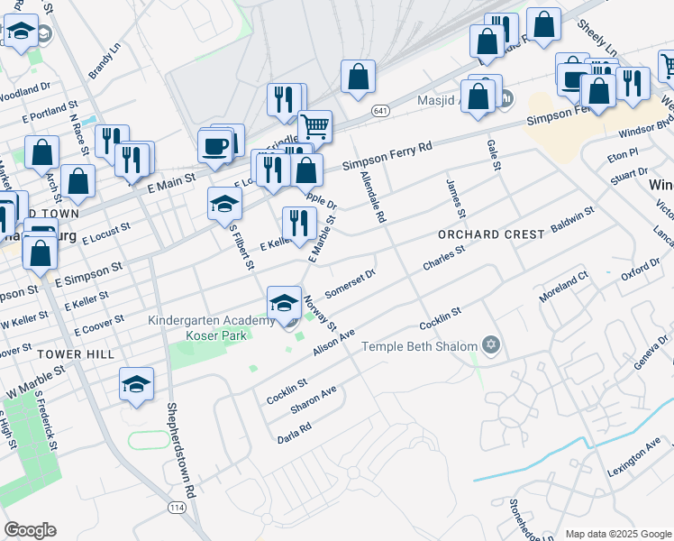 map of restaurants, bars, coffee shops, grocery stores, and more near 606 East Coover Street in Mechanicsburg