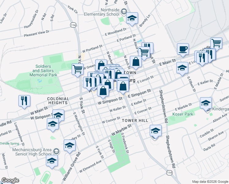 map of restaurants, bars, coffee shops, grocery stores, and more near 21 West Locust Street in Mechanicsburg