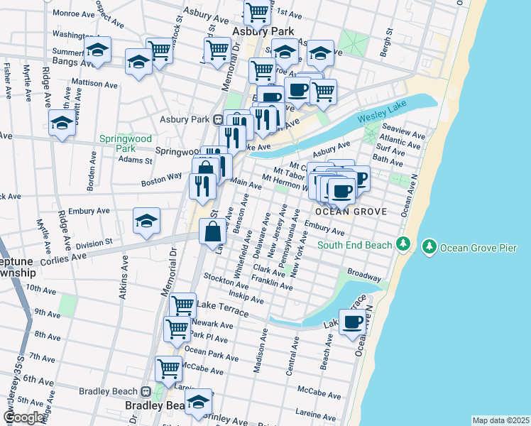 map of restaurants, bars, coffee shops, grocery stores, and more near 67 Delaware Avenue in Neptune Township
