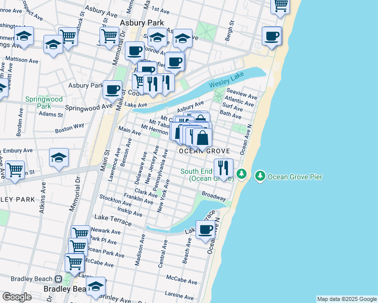 map of restaurants, bars, coffee shops, grocery stores, and more near 73 Heck Avenue in Neptune Township