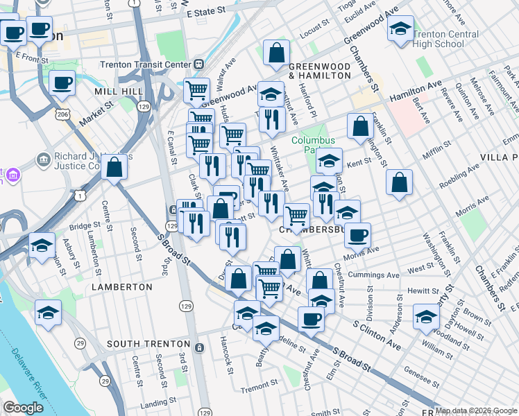 map of restaurants, bars, coffee shops, grocery stores, and more near 60 Mott Street in Trenton