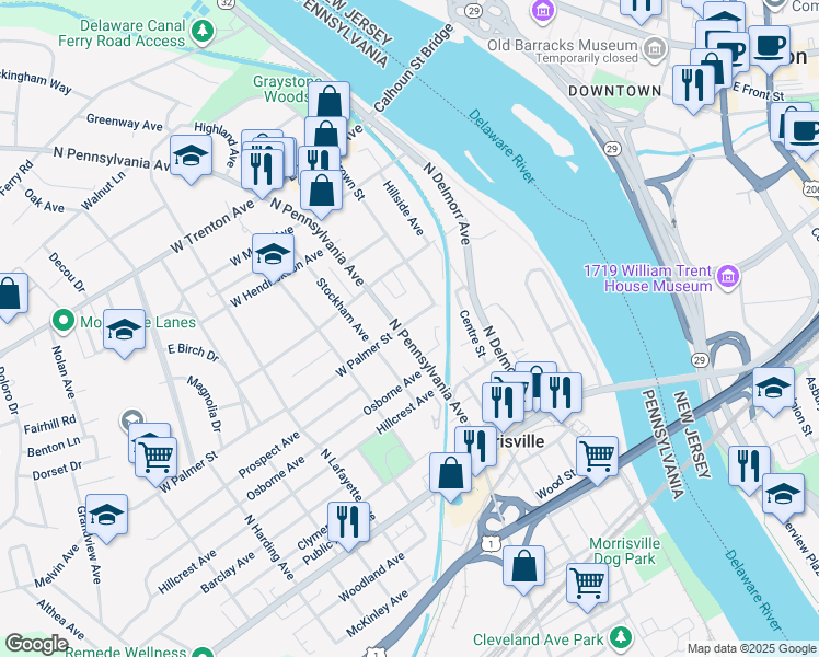 map of restaurants, bars, coffee shops, grocery stores, and more near 21 East Palmer Street in Yardley