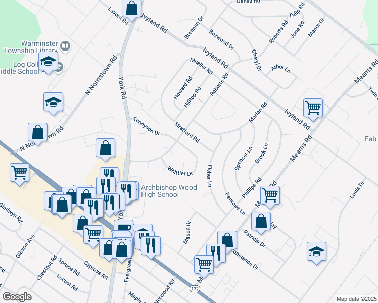 map of restaurants, bars, coffee shops, grocery stores, and more near 684 Whittier Drive in Warminster