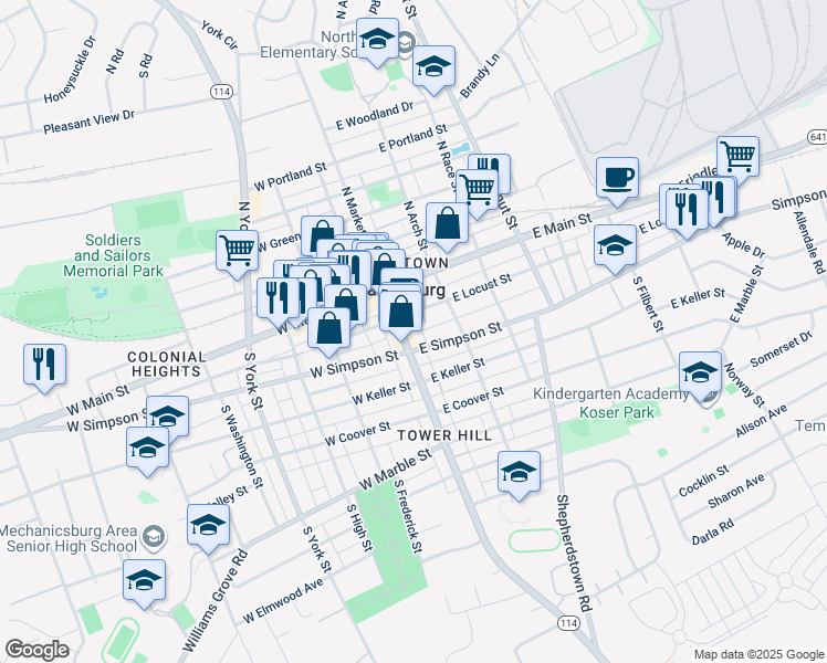 map of restaurants, bars, coffee shops, grocery stores, and more near 111 South Market Street in Mechanicsburg