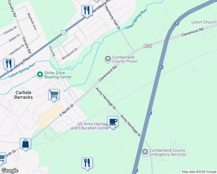 map of restaurants, bars, coffee shops, grocery stores, and more near 1000 Claremont Road in Carlisle