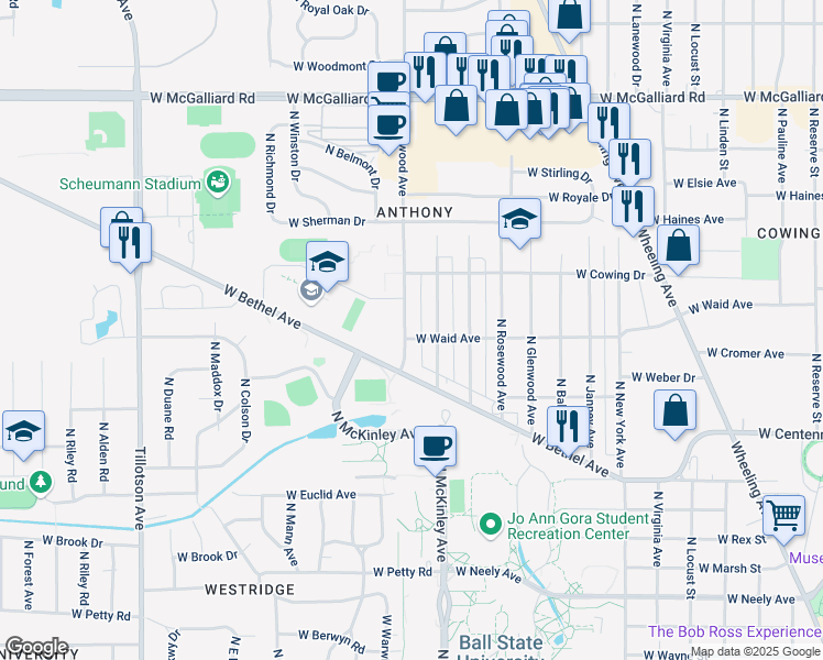 map of restaurants, bars, coffee shops, grocery stores, and more near 2100 North Oakwood Avenue in Muncie