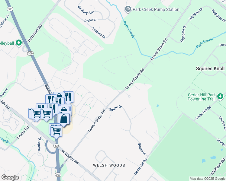 map of restaurants, bars, coffee shops, grocery stores, and more near 1360 Glen Acres Drive in North Wales