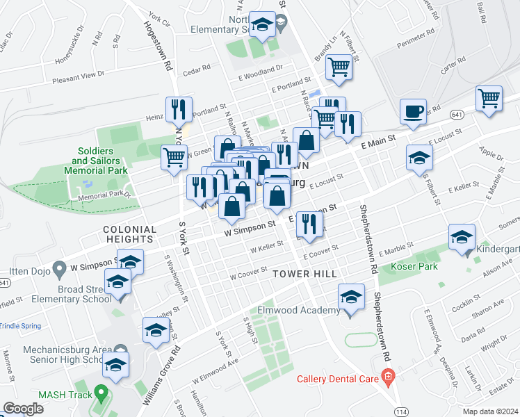 map of restaurants, bars, coffee shops, grocery stores, and more near 19 West Locust Street in Mechanicsburg