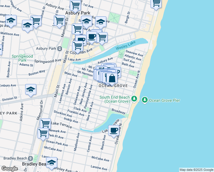 map of restaurants, bars, coffee shops, grocery stores, and more near 60 Main Avenue in Neptune Township