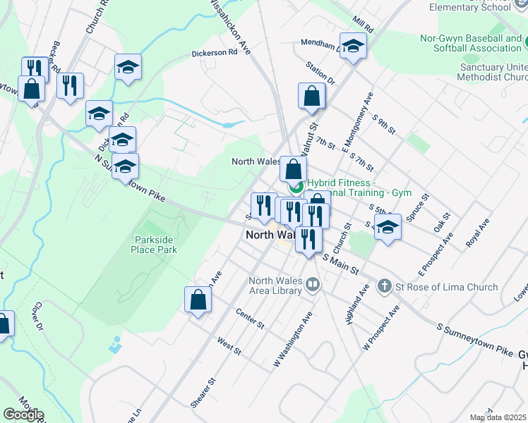 map of restaurants, bars, coffee shops, grocery stores, and more near 127 North 2nd Street in North Wales
