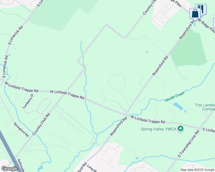 map of restaurants, bars, coffee shops, grocery stores, and more near 1019 Broadleaf Circle in Royersford