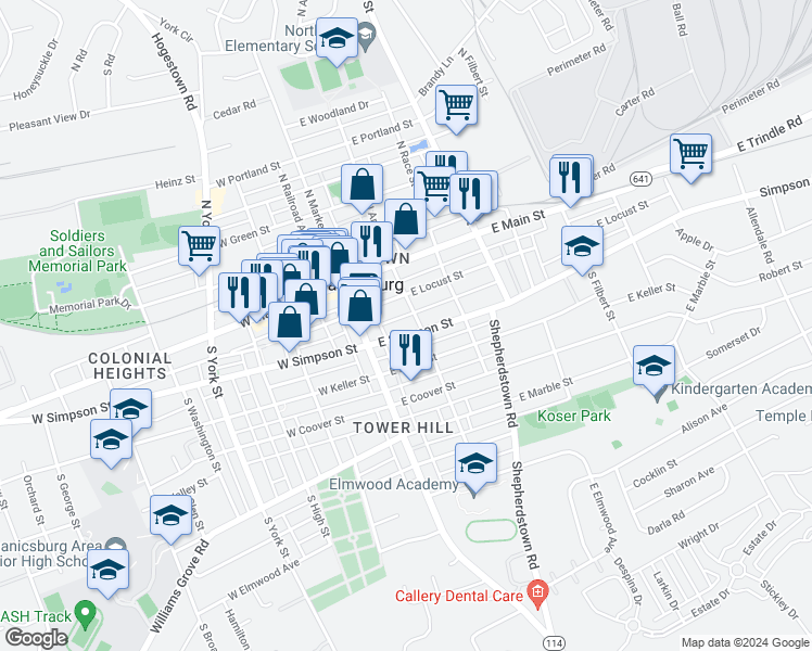 map of restaurants, bars, coffee shops, grocery stores, and more near 33 East Simpson Street in Mechanicsburg