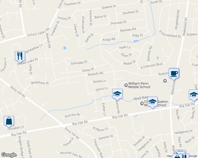 map of restaurants, bars, coffee shops, grocery stores, and more near 14 Richie Lane in Yardley