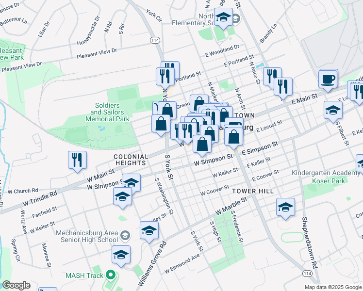 map of restaurants, bars, coffee shops, grocery stores, and more near 203 West Main Street in Mechanicsburg