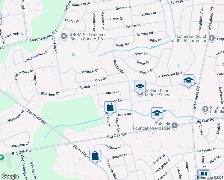 map of restaurants, bars, coffee shops, grocery stores, and more near 14 Richie Lane in Yardley