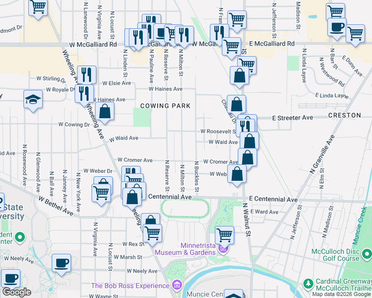 map of restaurants, bars, coffee shops, grocery stores, and more near 2100 N Milton St in Muncie
