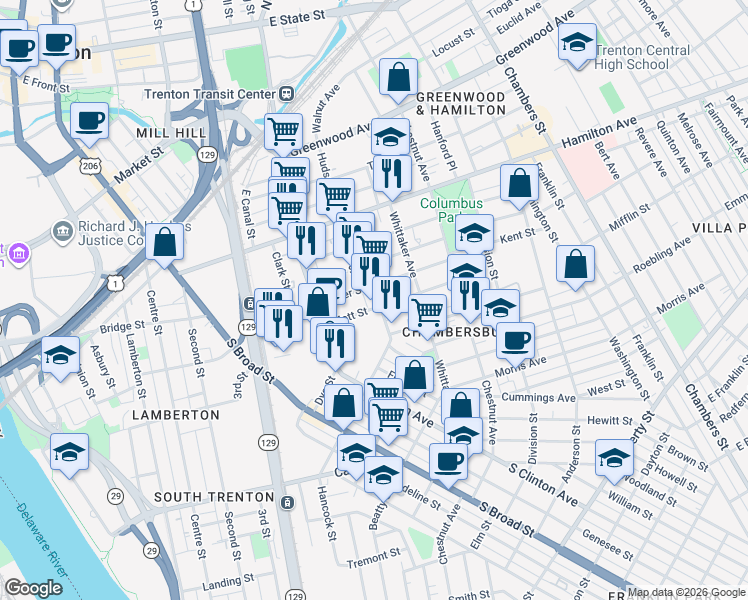 map of restaurants, bars, coffee shops, grocery stores, and more near 60 Mott Street in Trenton