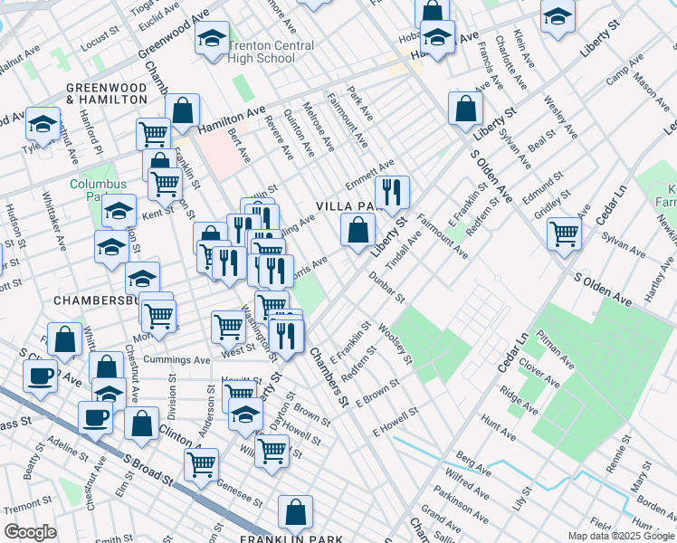 map of restaurants, bars, coffee shops, grocery stores, and more near 522 Columbus Avenue in Trenton