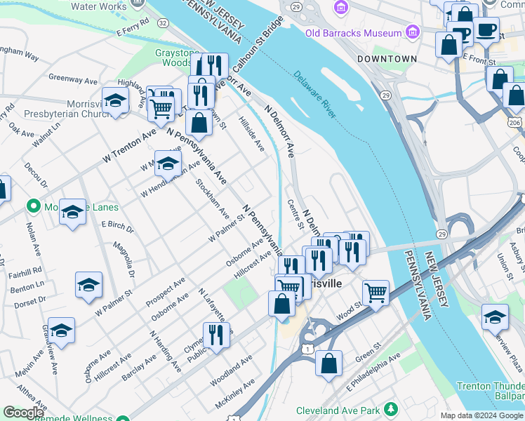 map of restaurants, bars, coffee shops, grocery stores, and more near 21 East Palmer Street in Yardley