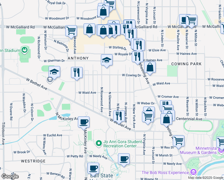 map of restaurants, bars, coffee shops, grocery stores, and more near 2104 North Glenwood Avenue in Muncie