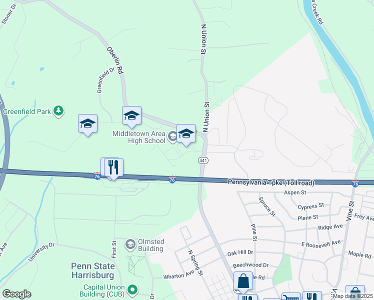 map of restaurants, bars, coffee shops, grocery stores, and more near 1155 North Union Street in Middletown