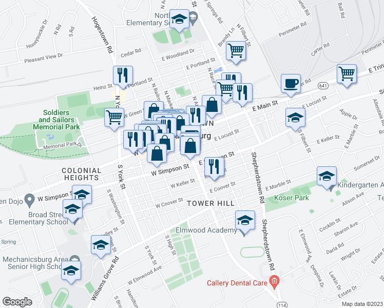 map of restaurants, bars, coffee shops, grocery stores, and more near 111 South Market Street in Mechanicsburg