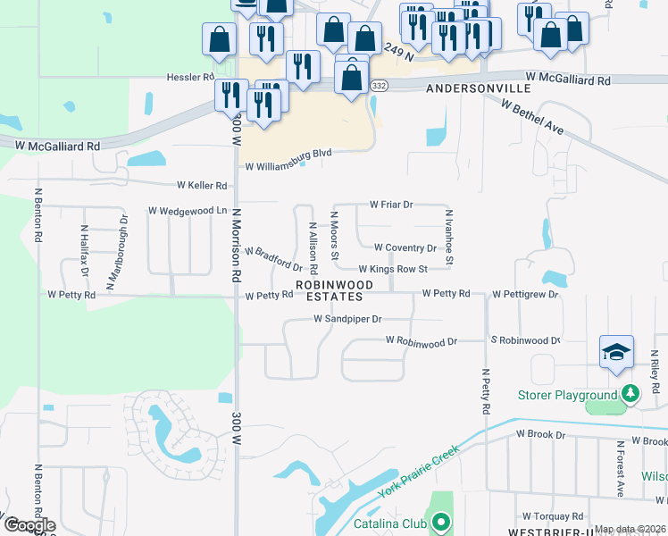 map of restaurants, bars, coffee shops, grocery stores, and more near 2204 North Allison Road in Muncie